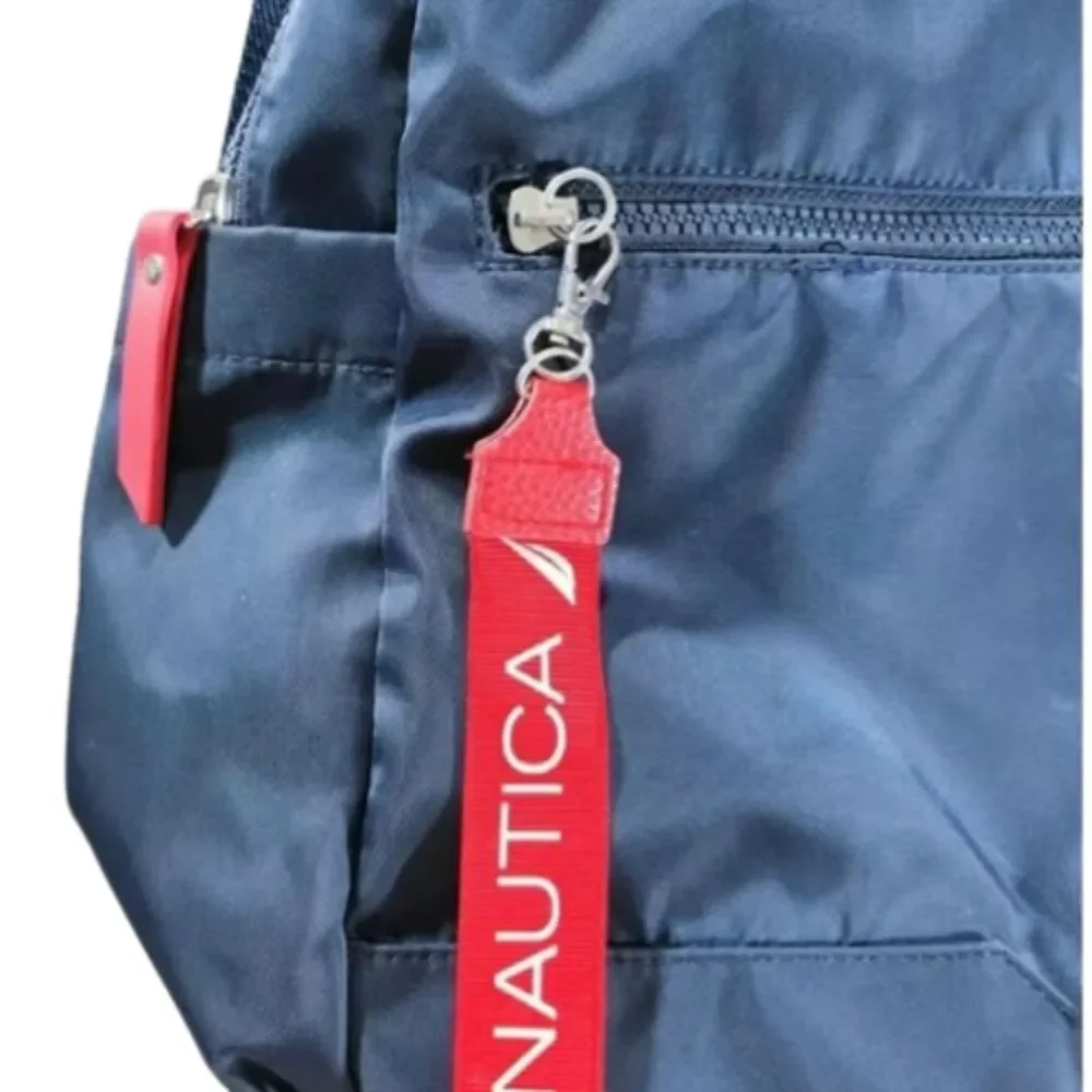Nautica Navy Blue Nylon Backpack Red Logo Pull Travel School Bag Unisex